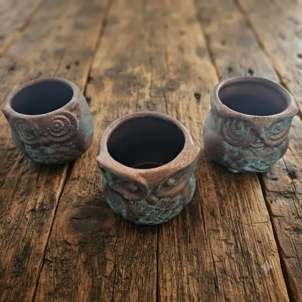 Upcycled Ceramic Owl Trio Rustic Copper Patina Finish Versatile Fall/Halloween